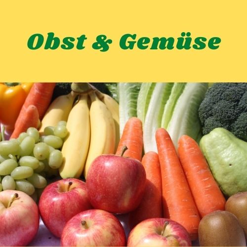 Es sind Möhren, Bananen, Äpfel, Weintrauben, Kiwis, Brokkoli, Kohlblätter und eine Paprika abgebildet. Das ganze ist überschrieben mit den Worten Obst und Gemüse.